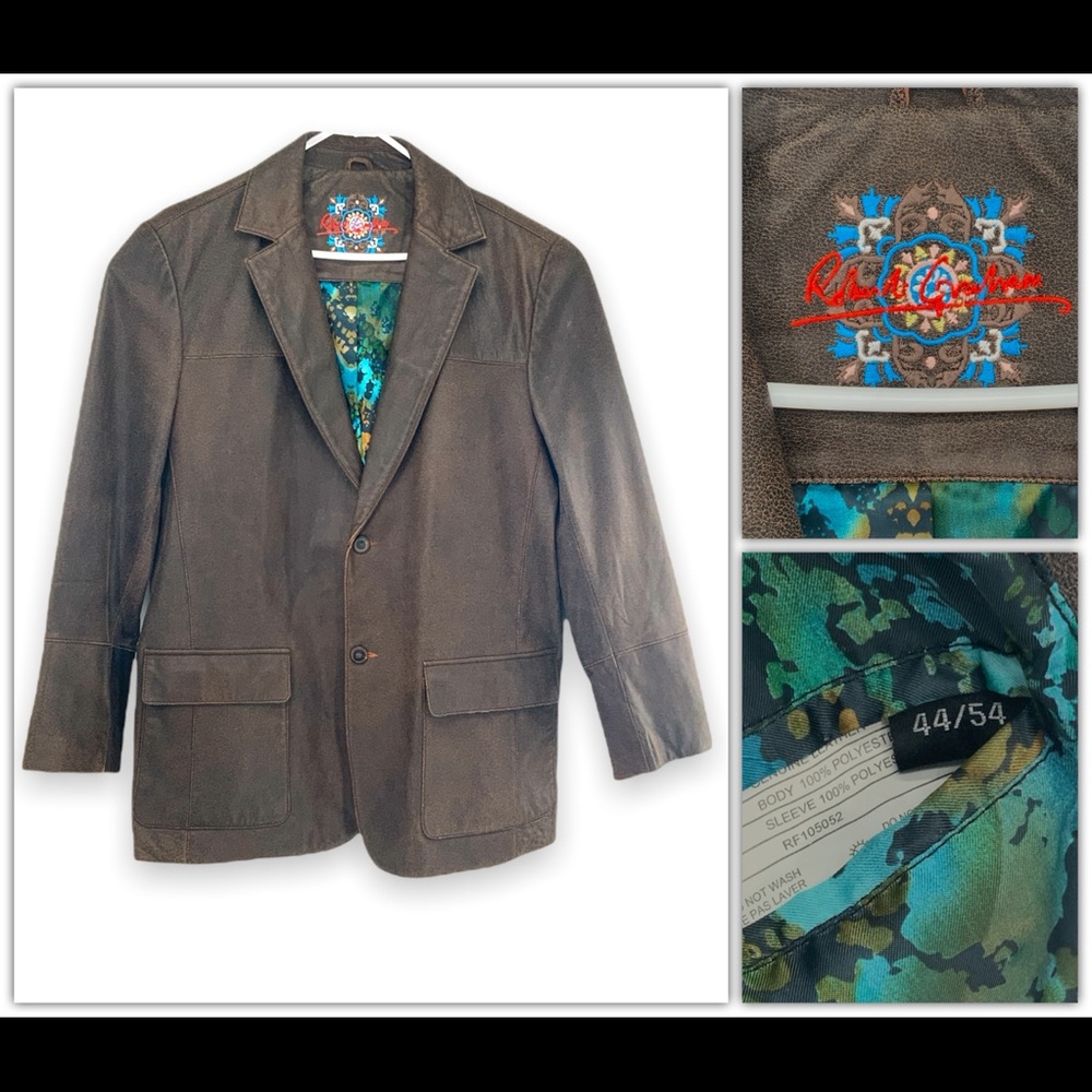 ROBERT GRAHAM Brown, Distressed Leather Jacket Sport-Coat Blazer - 44/ 54